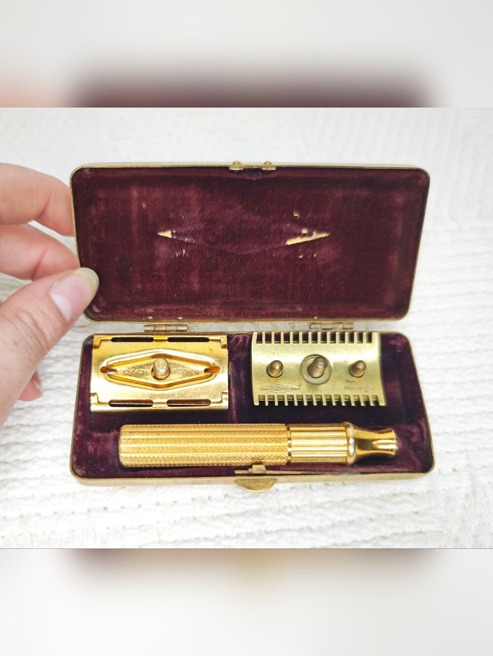 Vintage Gilette safety razor with brass travel case